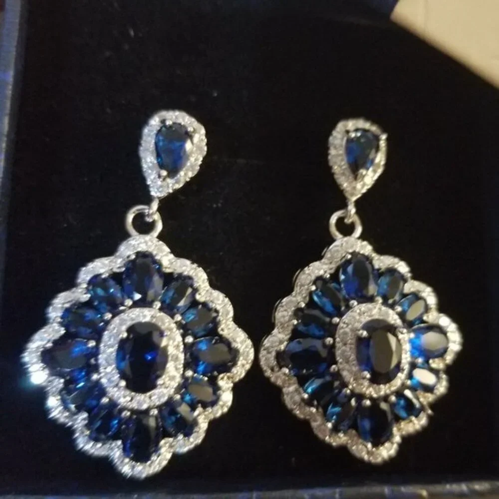 Swarovski Blue Crystal Floral Chandelier Women's Elegant Earrings